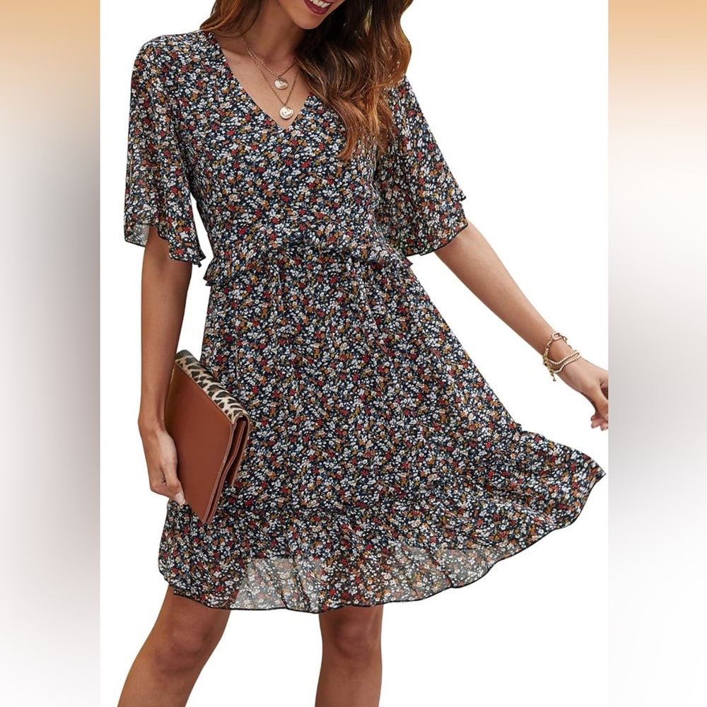 Manydress Chiffon Floral Print V Neck Casual Mini Boho Ruffle Swing Dress M
